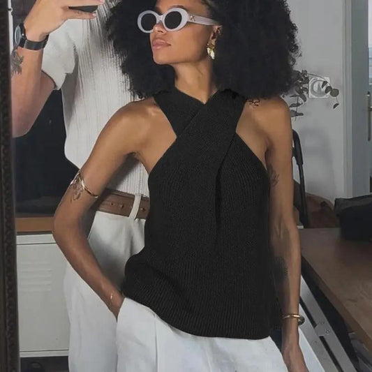 Chic Comfort: The Versatile Cross-Halter Knitted Top KNOWRIC