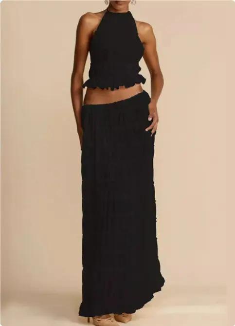 Chic Backless Chiffon Halter Top & Pleated Midi Skirt Set KNOWRIC