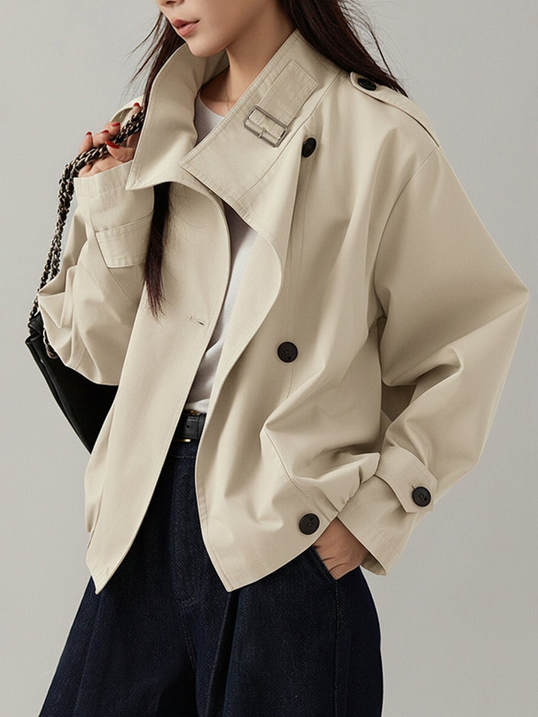Women’s Stand Collar Trench Coat - Elegant Waist Design - KNOWRIC
