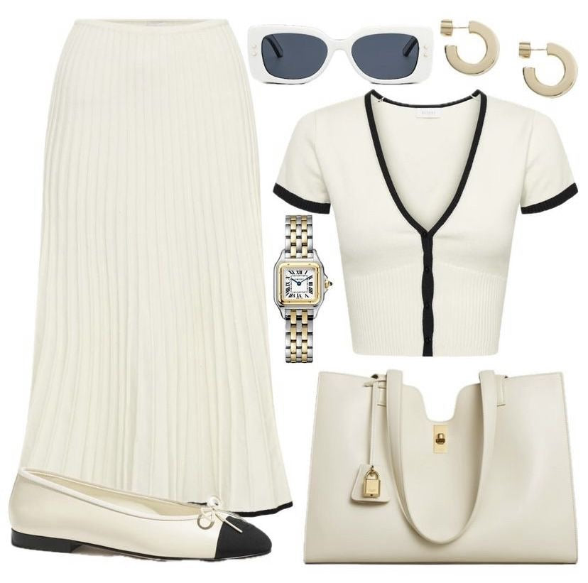 V-Neck Slim Knit Pleated Dress Set - KNOWRIC