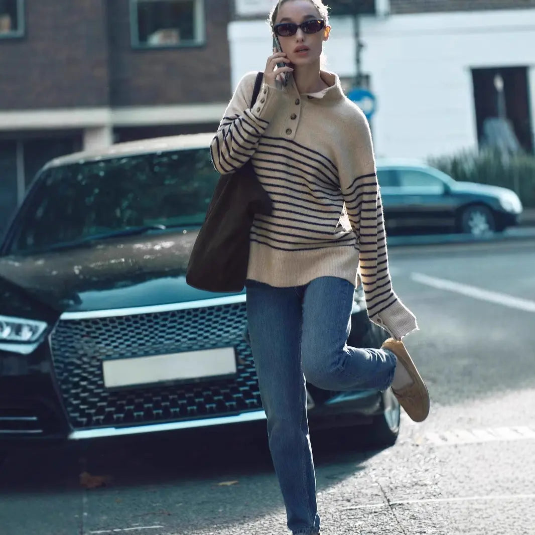 Effortless Style: Mock-Neck Stripe Sweater KNOWRIC