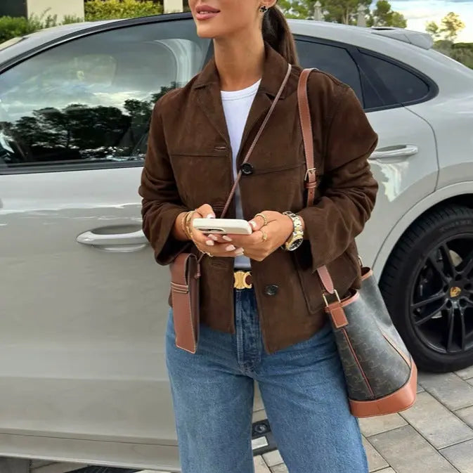 Retro 'Old Money' Suede Short Jacket - Thick Brown KNOWRIC