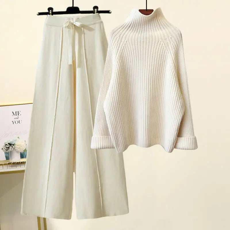 Chic Lace-Up Dropped-Shoulder Sweater & Cropped Wide-Leg Pant Set KNOWRIC