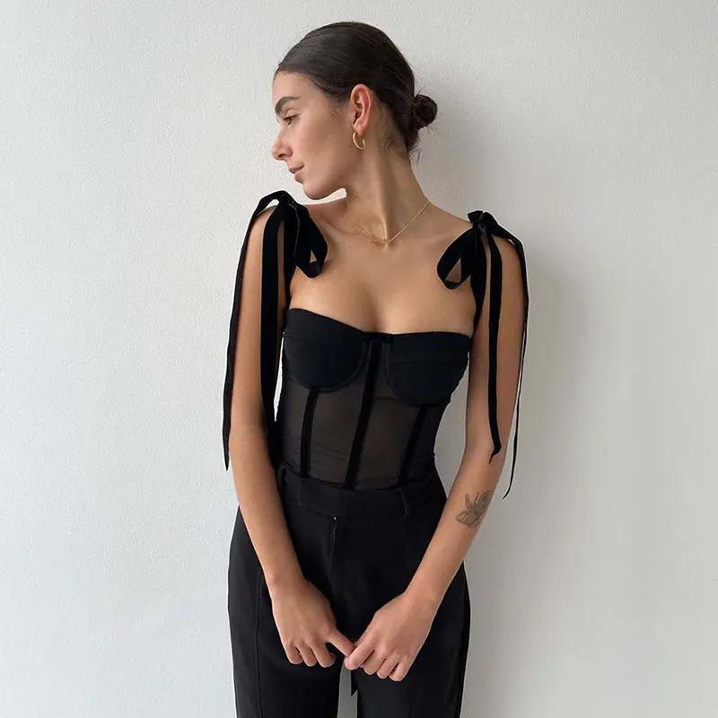 Semi-Sheer Tied Mesh Cami Crop Top KNOWRIC