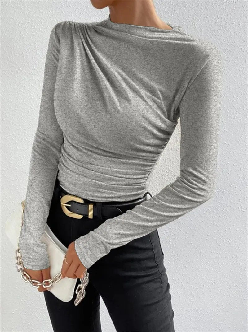 Cross-Over Collar Pleated Cinched T-Shirt KNOWRIC
