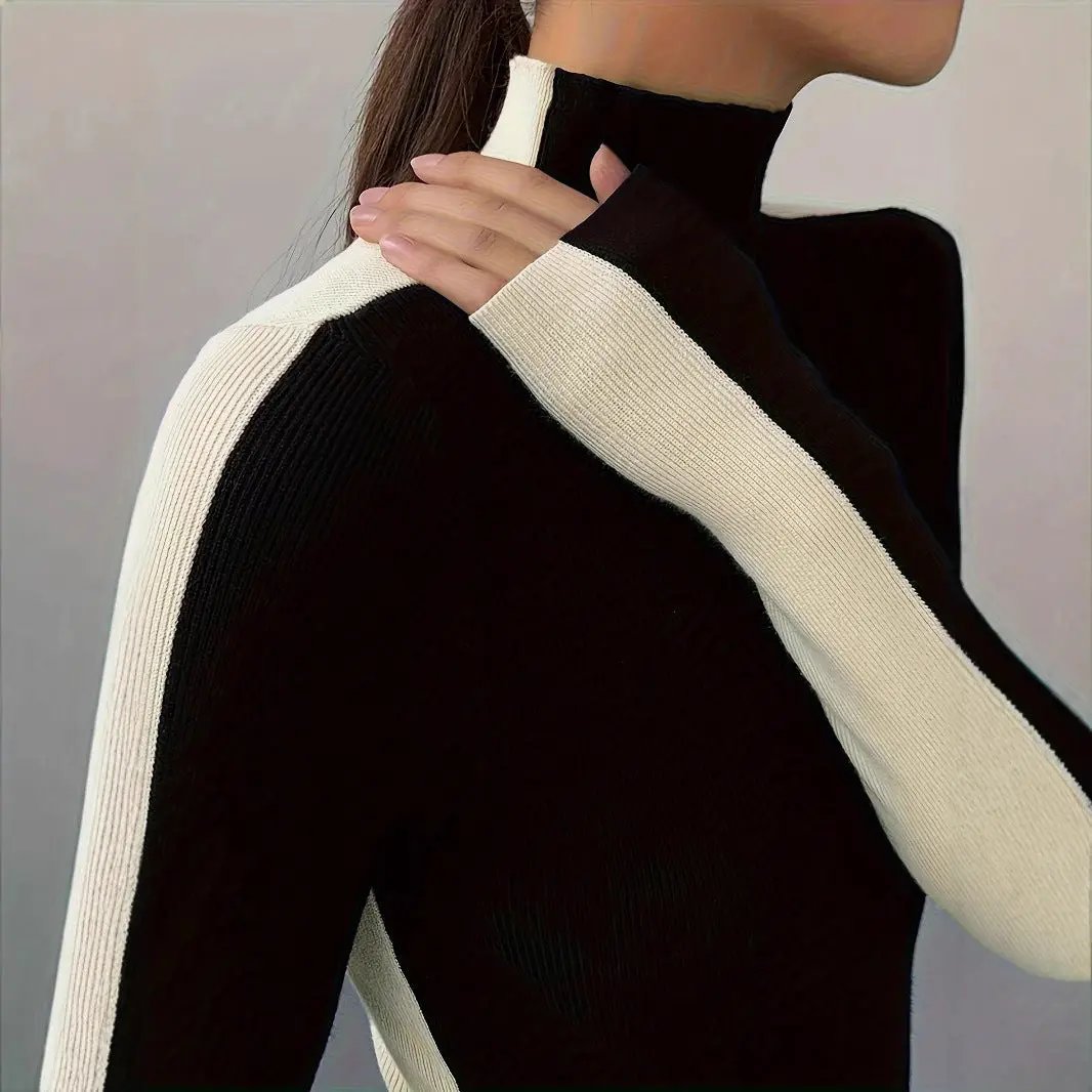 Black With High Collar Knitted New Versatile Long Sleeves KNOWRIC