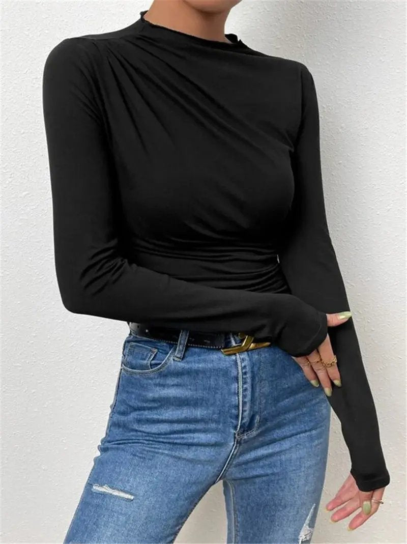 Cross-Over Collar Pleated Cinched T-Shirt KNOWRIC
