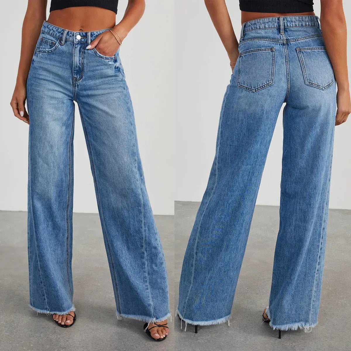 Wide-Leg Frayed Hem Denim Jeans KNOWRIC