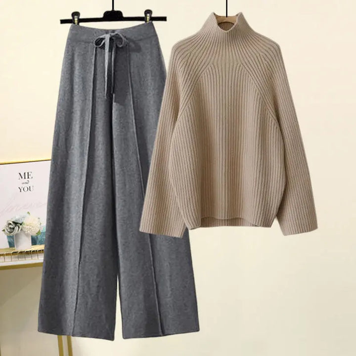 Chic Lace-Up Dropped-Shoulder Sweater & Cropped Wide-Leg Pant Set KNOWRIC