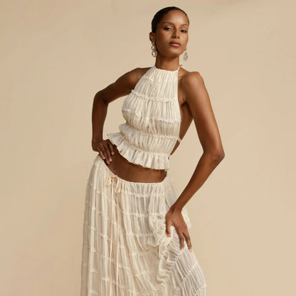 Chic Backless Chiffon Halter Top & Pleated Midi Skirt Set KNOWRIC