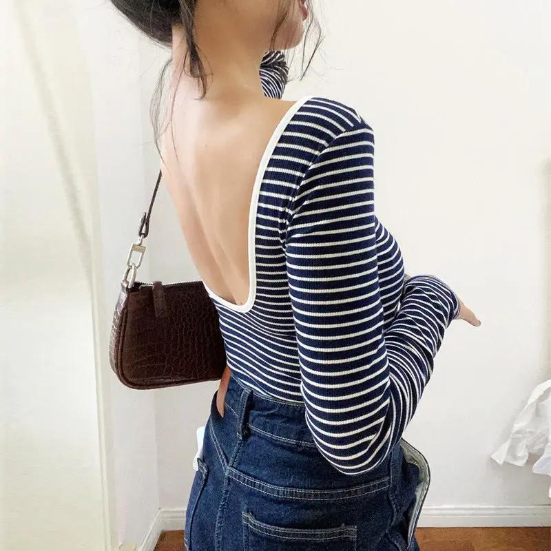 Chic Striped Low-Cut Backless Knit Top KNOWRIC