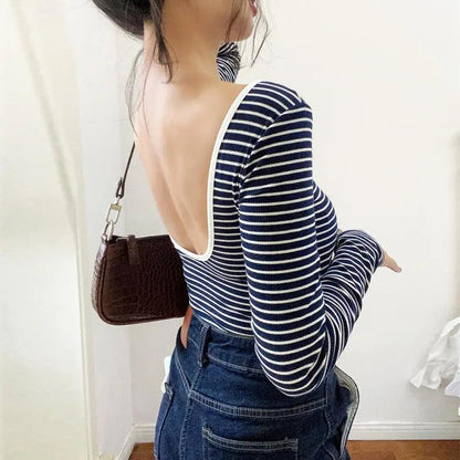 Chic Striped Low-Cut Backless Knit Top KNOWRIC