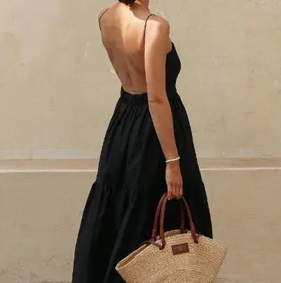 Solid Backless Long Dress Trendsi