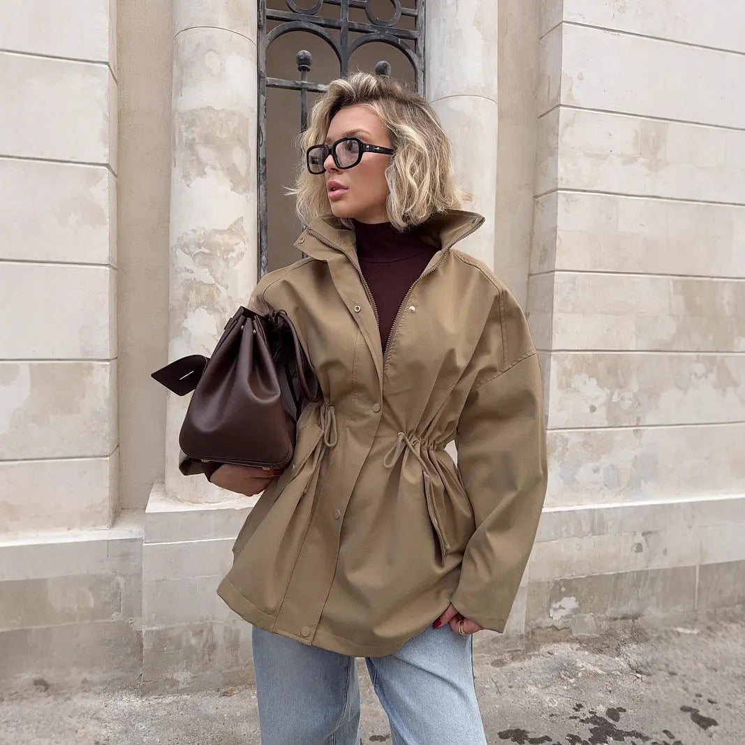 Mid-Length Drawstring Windbreaker Jacket KNOWRIC