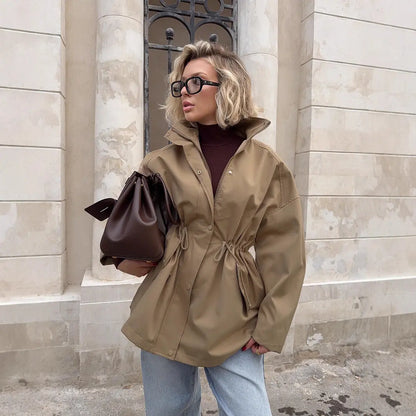 Mid-Length Drawstring Windbreaker Jacket KNOWRIC