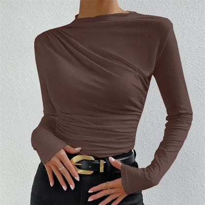 Cross-Over Collar Pleated Cinched T-Shirt KNOWRIC
