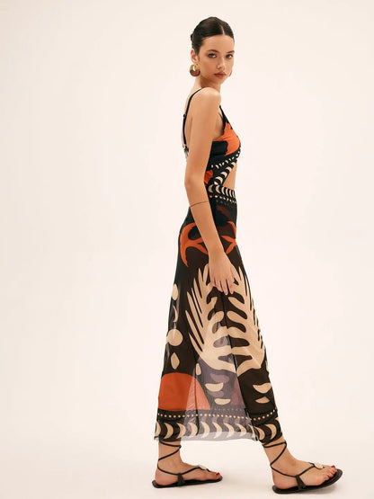 Bird Print Mesh Cover Up Maxi Skirt KNOWRIC