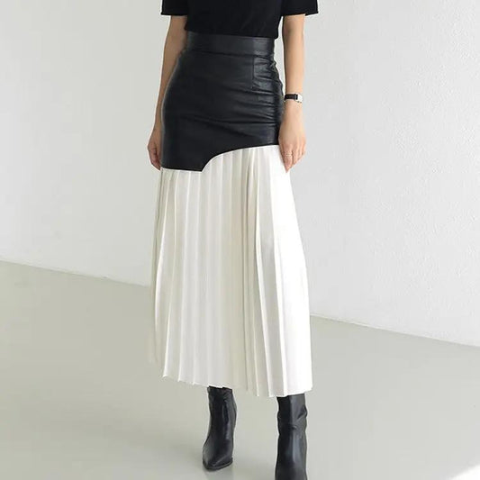 Asymmetric Patchwork Faux Leather Chiffon Pleated Maxi Skirt KNOWRIC