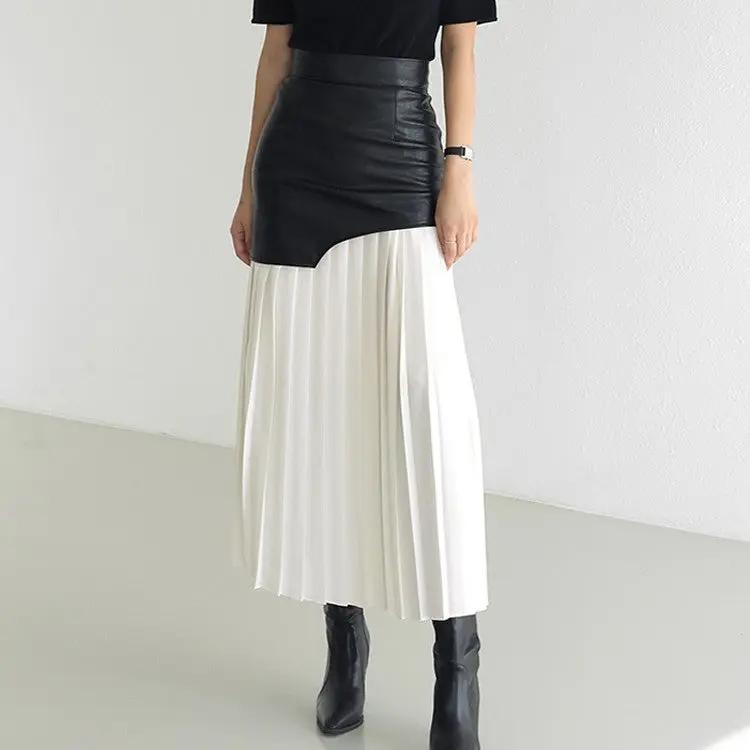 Asymmetric Patchwork Faux Leather Chiffon Pleated Maxi Skirt KNOWRIC