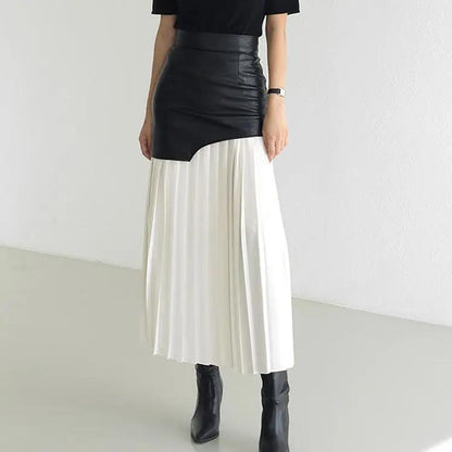 Asymmetric Patchwork Faux Leather Chiffon Pleated Maxi Skirt KNOWRIC