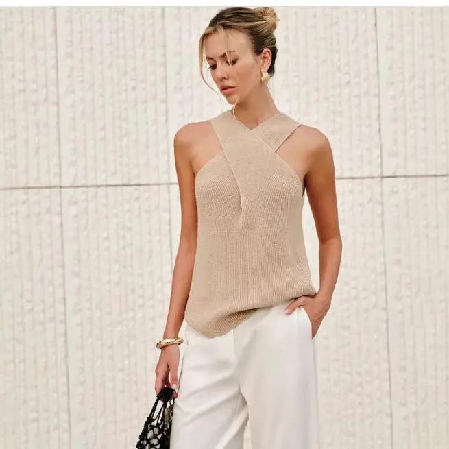 Chic Comfort: The Versatile Cross-Halter Knitted Top KNOWRIC