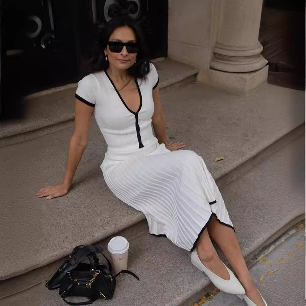 V-Neck Slim Knit Pleated Dress Set - KNOWRIC