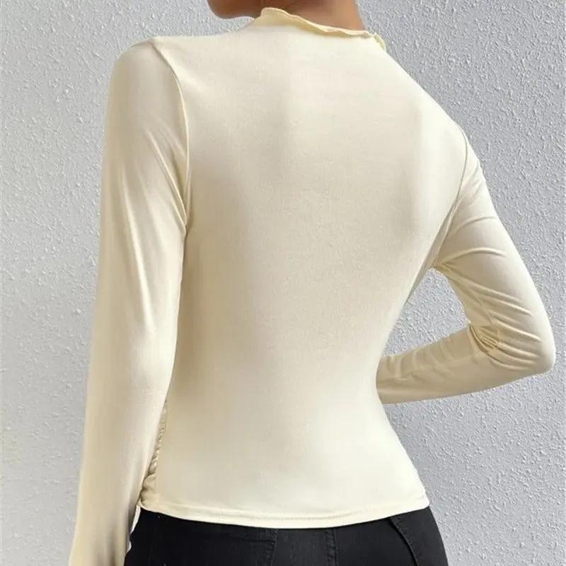 Cross-Over Collar Pleated Cinched T-Shirt KNOWRIC