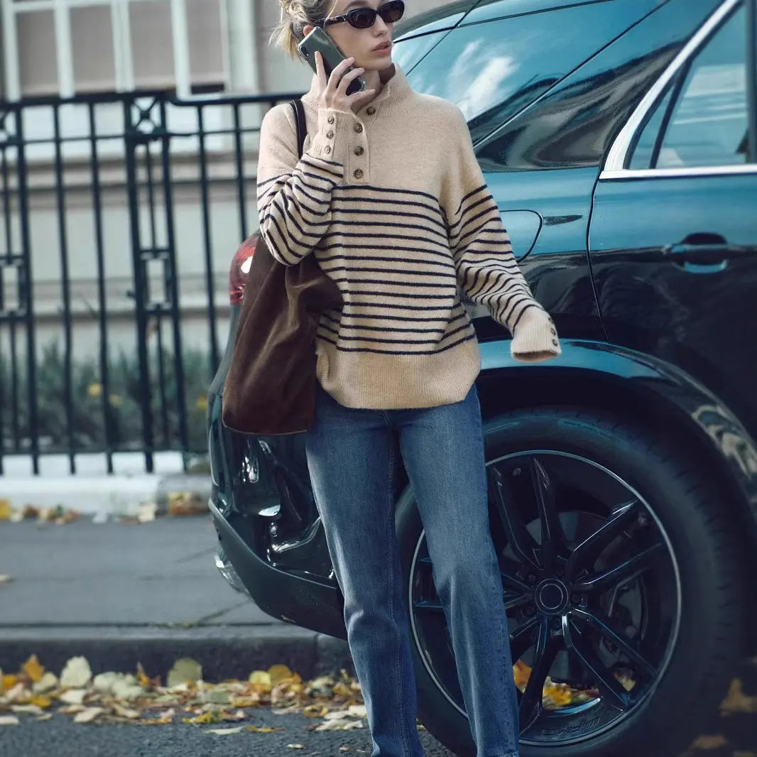Effortless Style: Mock-Neck Stripe Sweater KNOWRIC