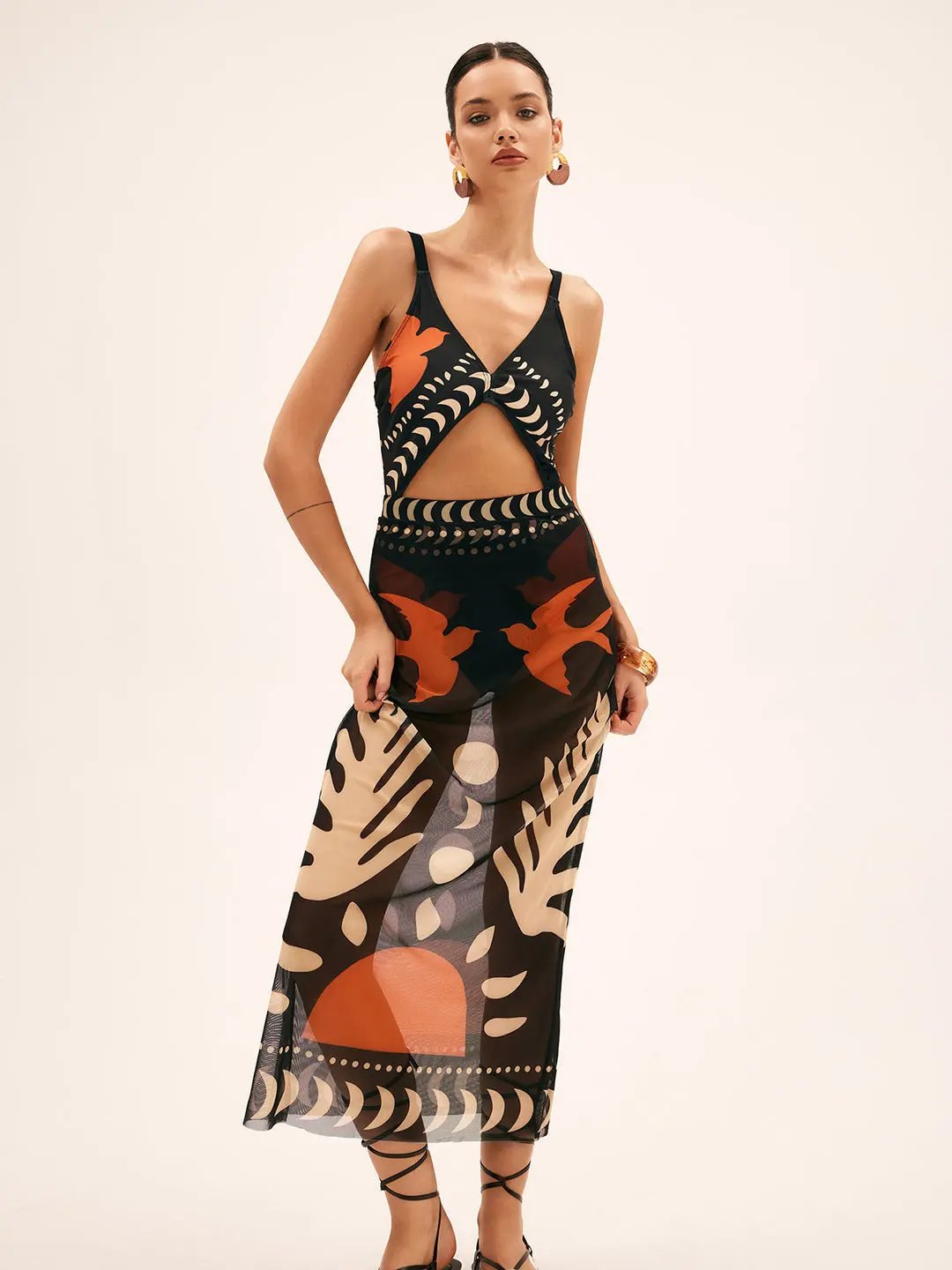 Bird Print Mesh Cover Up Maxi Skirt KNOWRIC