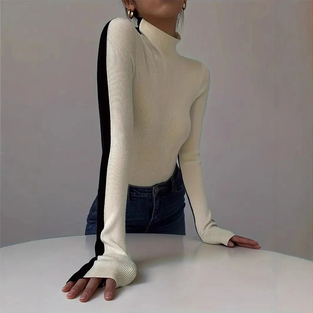 Black With High Collar Knitted New Versatile Long Sleeves KNOWRIC