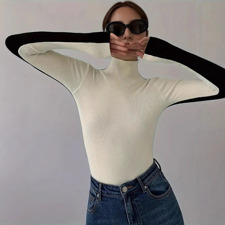 Black With High Collar Knitted New Versatile Long Sleeves KNOWRIC