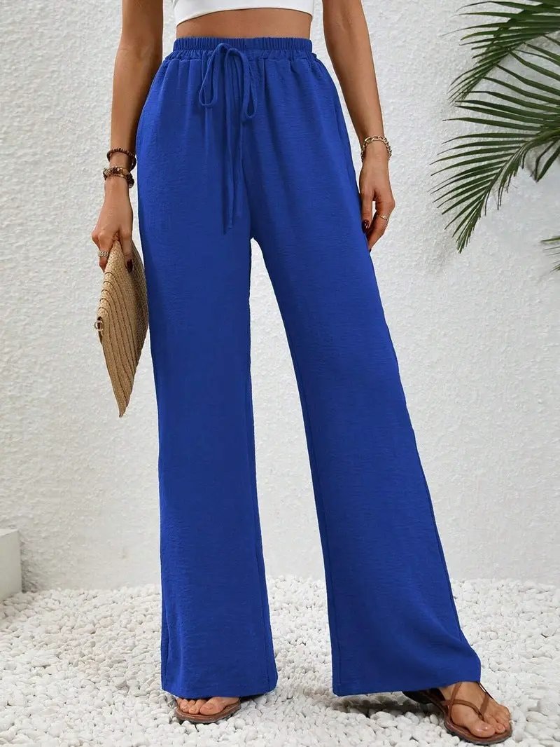 Drawstring Wide-Leg Casual Trousers with Pockets KNOWRIC