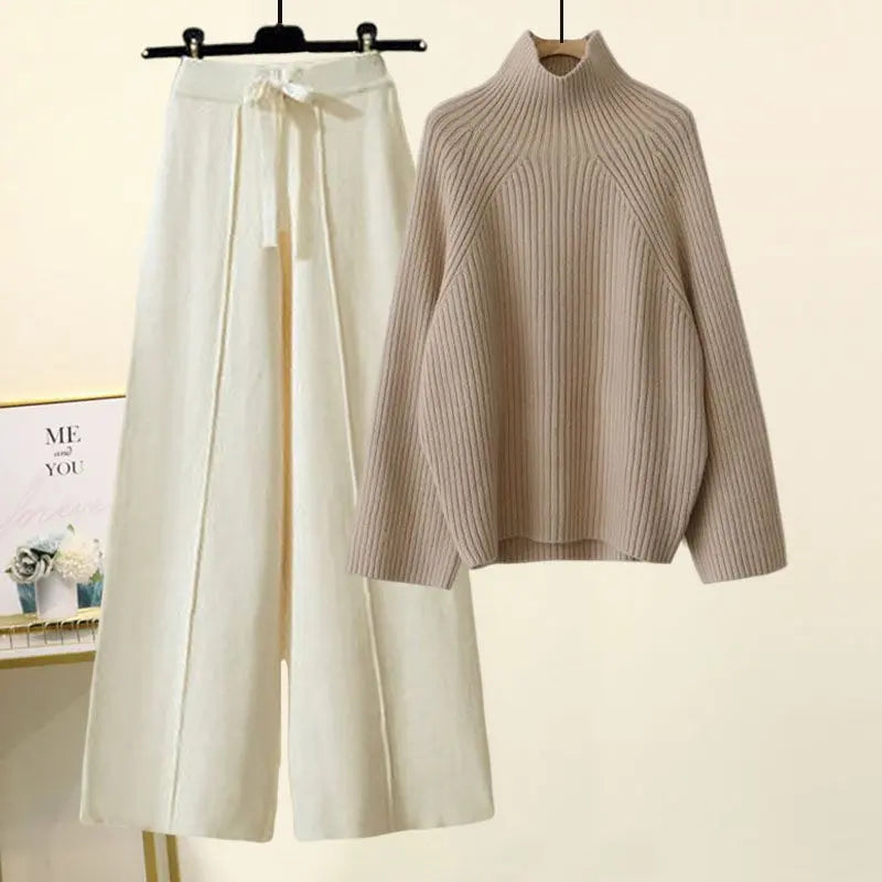 Chic Lace-Up Dropped-Shoulder Sweater & Cropped Wide-Leg Pant Set KNOWRIC