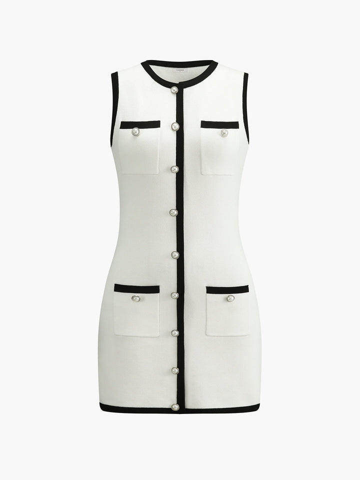 Multi Pocket Button Sleeveless Short Sweater Dress - KNOWRIC