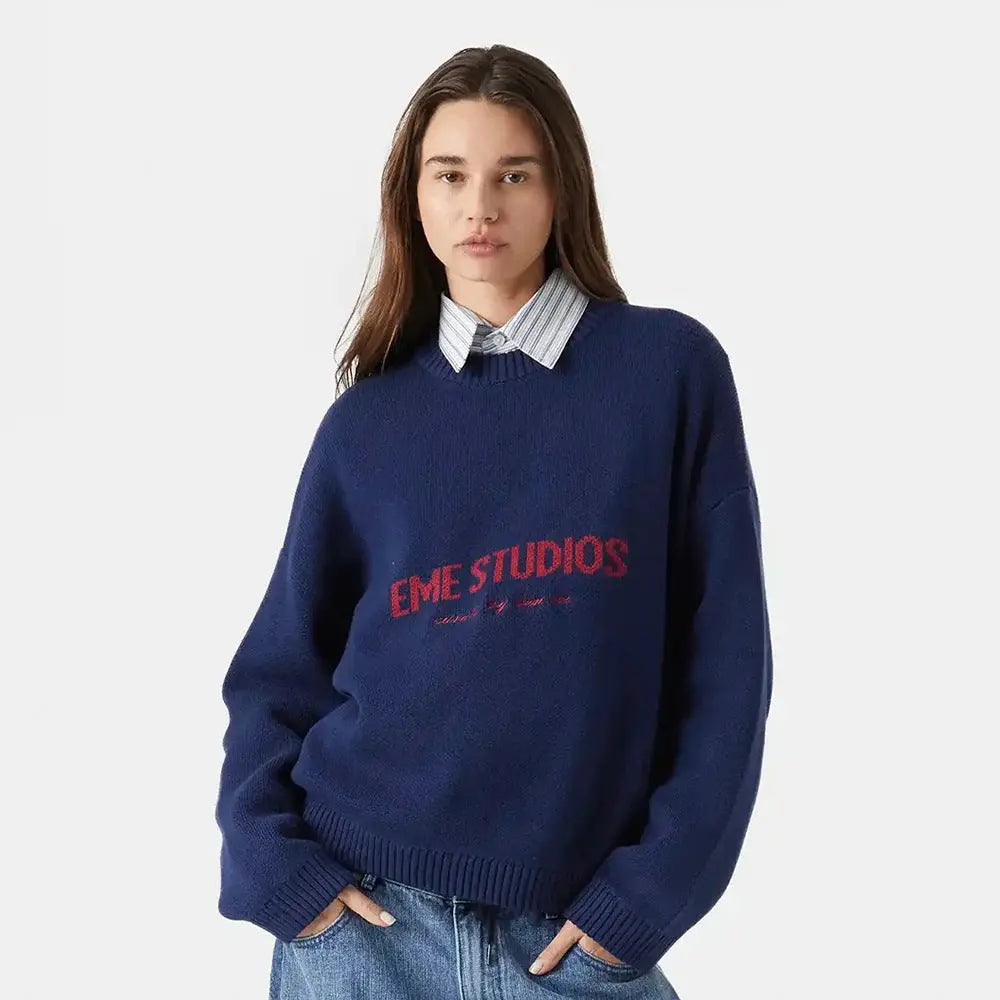 Loose Fit Letter Embroidered Pullover Sweater KNOWRIC