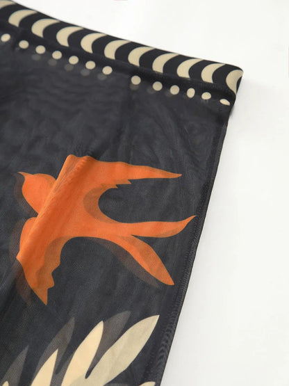 Bird Print Mesh Cover Up Maxi Skirt KNOWRIC