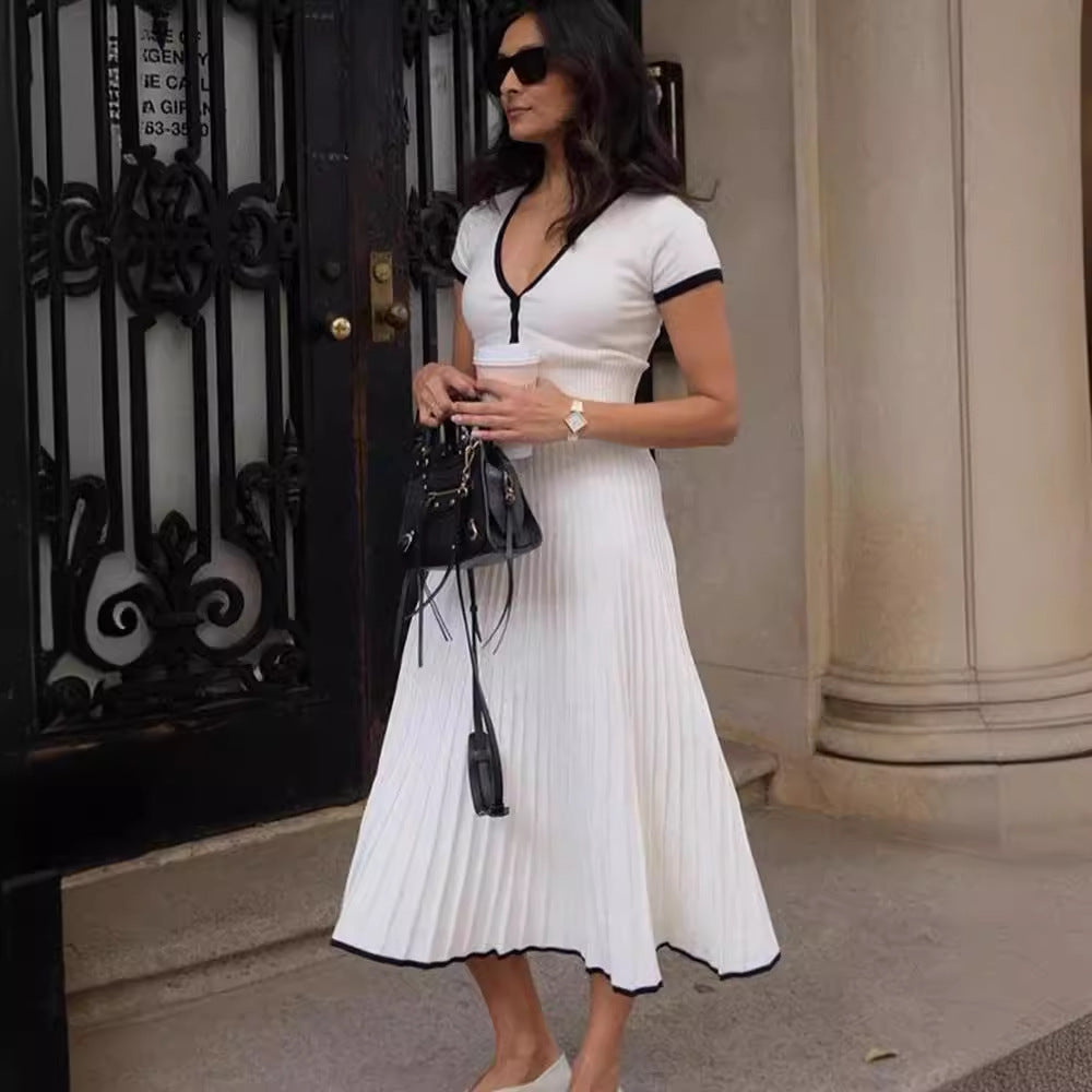 V-Neck Slim Knit Pleated Dress Set - KNOWRIC
