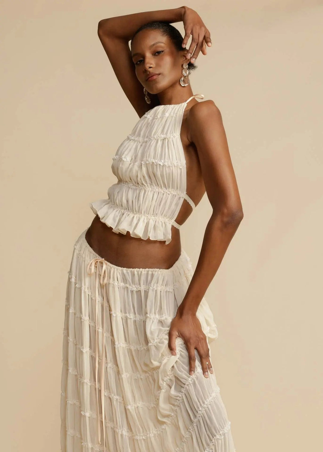 Chic Backless Chiffon Halter Top & Pleated Midi Skirt Set KNOWRIC