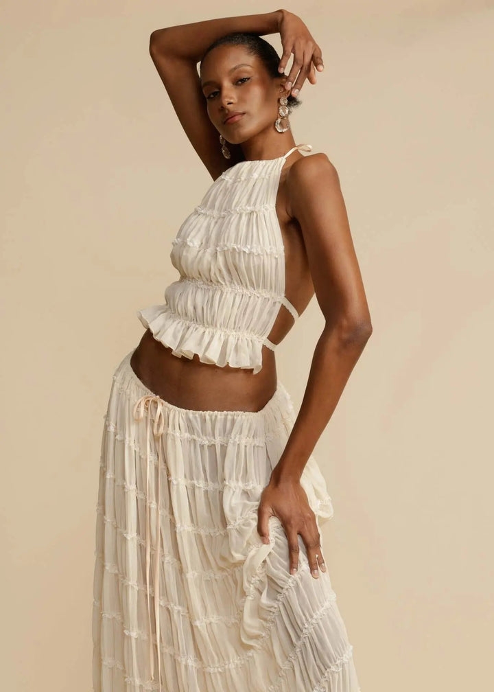 Chic Backless Chiffon Halter Top & Pleated Midi Skirt Set KNOWRIC