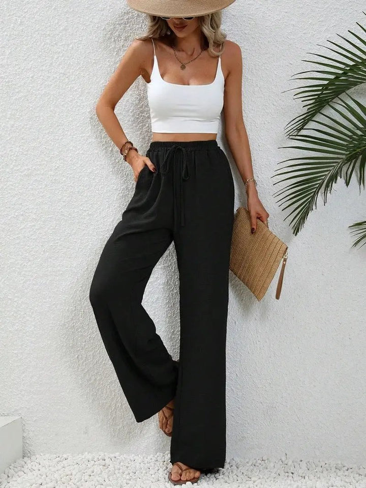 Drawstring Wide-Leg Casual Trousers with Pockets KNOWRIC