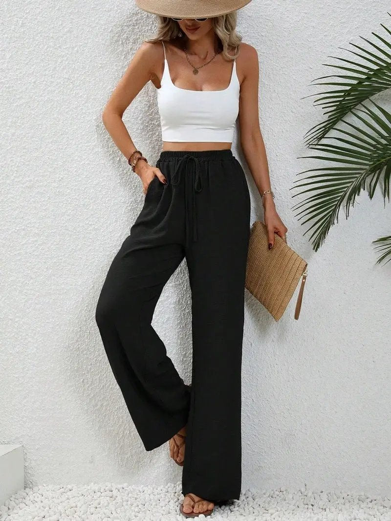 Drawstring Wide-Leg Casual Trousers with Pockets KNOWRIC