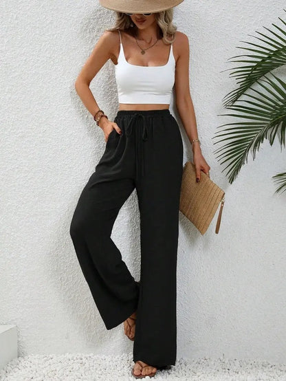 Drawstring Wide-Leg Casual Trousers with Pockets KNOWRIC