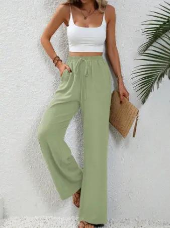 Drawstring Wide-Leg Casual Trousers with Pockets KNOWRIC