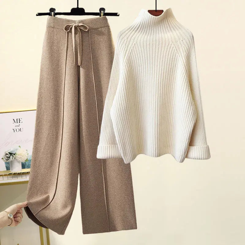 Chic Lace-Up Dropped-Shoulder Sweater & Cropped Wide-Leg Pant Set KNOWRIC