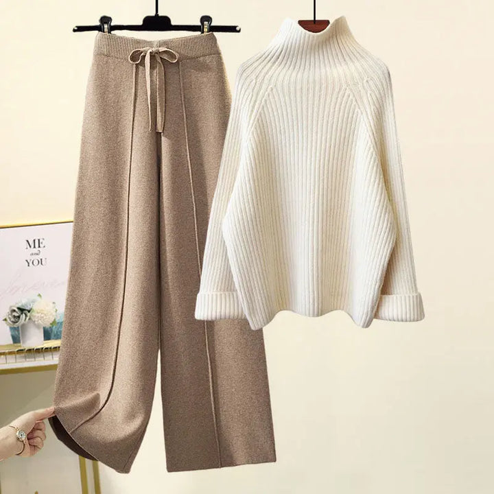 Chic Lace-Up Dropped-Shoulder Sweater & Cropped Wide-Leg Pant Set KNOWRIC
