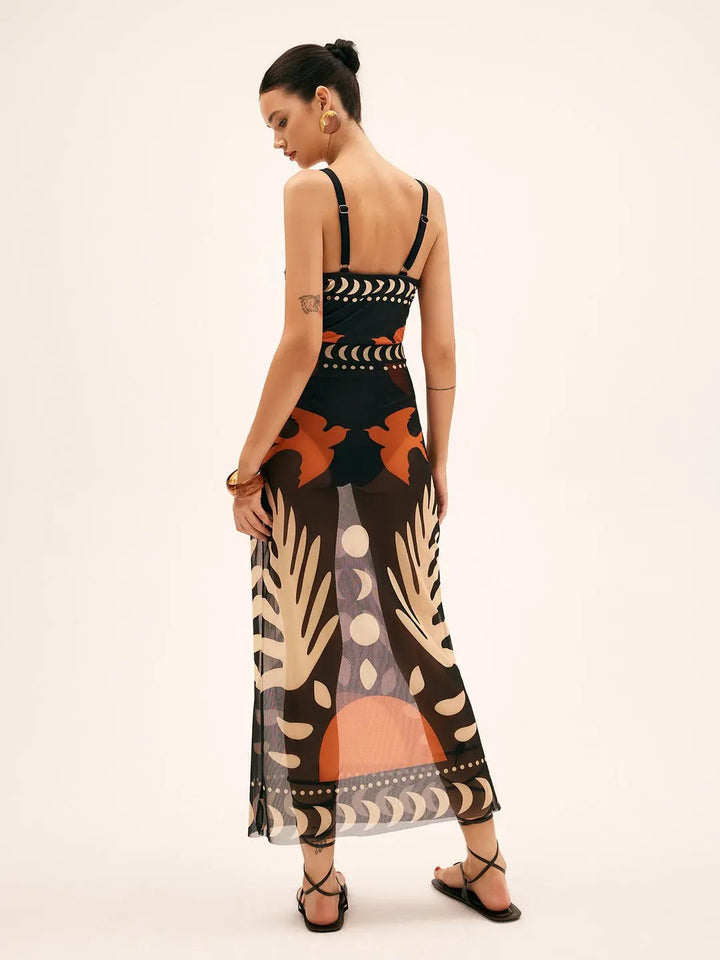 Bird Print Mesh Cover Up Maxi Skirt KNOWRIC