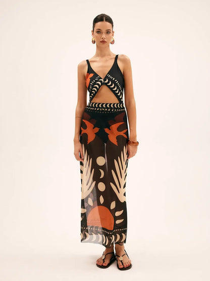 Bird Print Mesh Cover Up Maxi Skirt KNOWRIC