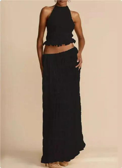 Chic Backless Chiffon Halter Top & Pleated Midi Skirt Set KNOWRIC