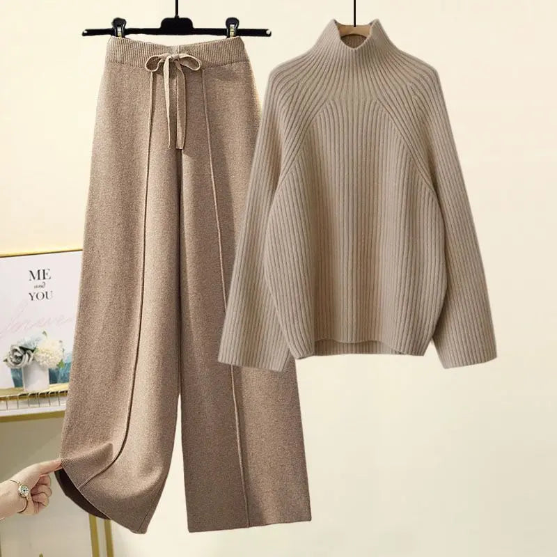 Chic Lace-Up Dropped-Shoulder Sweater & Cropped Wide-Leg Pant Set KNOWRIC