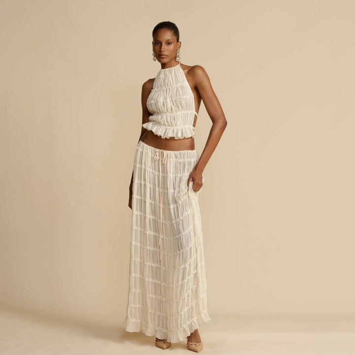 Chic Backless Chiffon Halter Top & Pleated Midi Skirt Set KNOWRIC